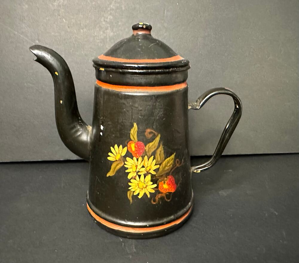 Hand Painted Black Metal Tole Style Coffee Pot w/Berries Strawberry Vintage Era